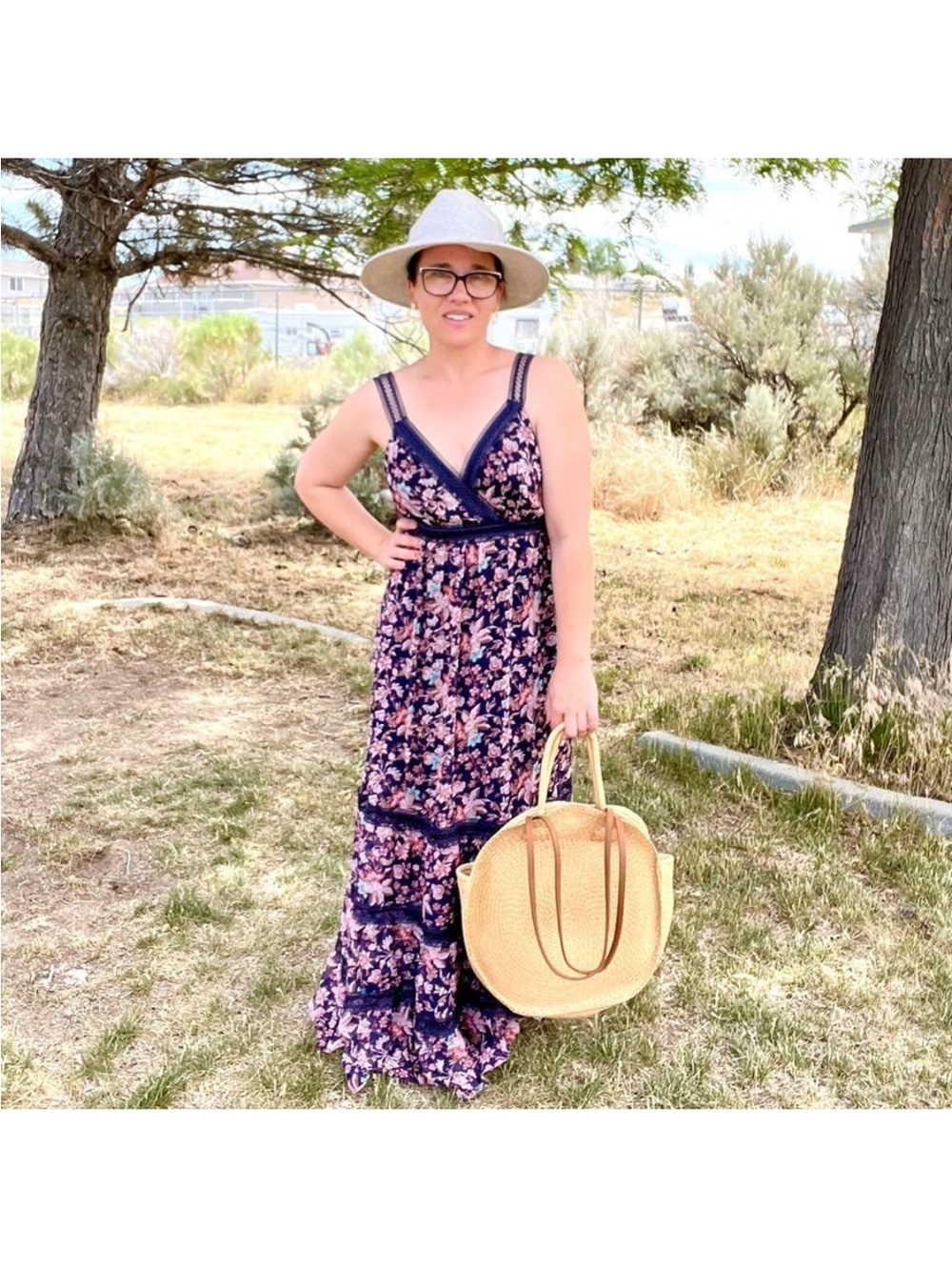 Express Navy Floral Maxi Dress With Embroidered Ribbon Size XS Y2K